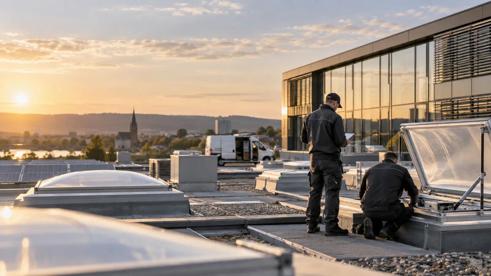 Techniker prüfen Dachsysteme, Lichtkuppeln und Gebäudetechnik auf einem modernen Gewerbedach