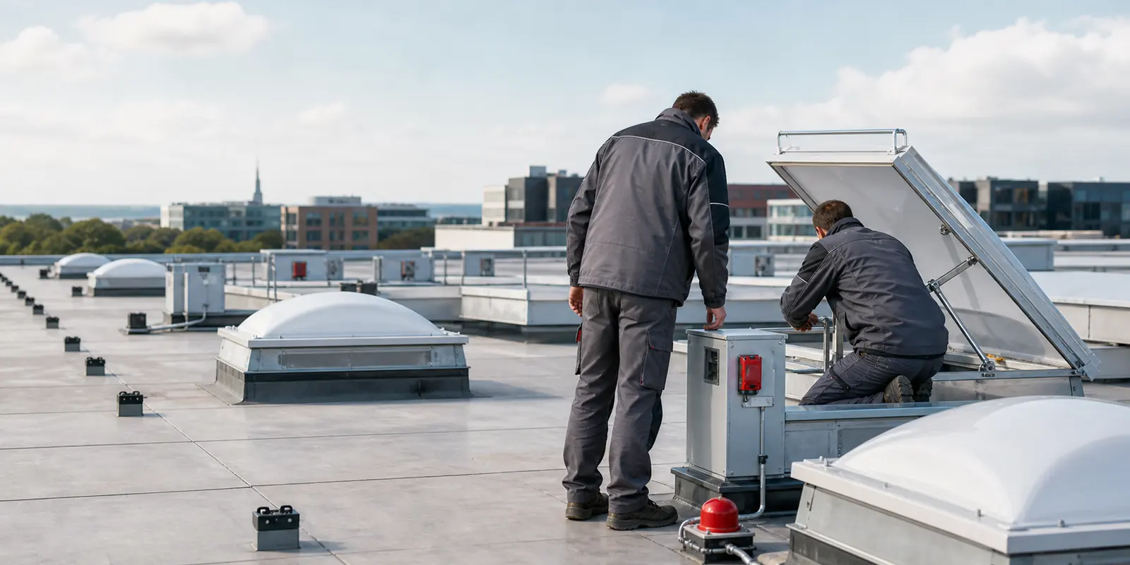 Techniker warten Rauchableitungsanlagen und Dachoberlichter